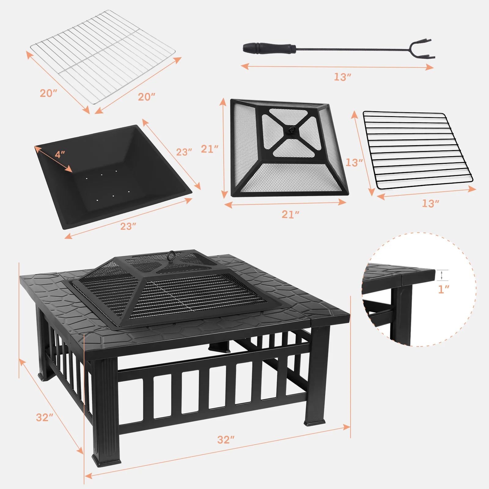 32'' Square Wood Burning Fire Pit